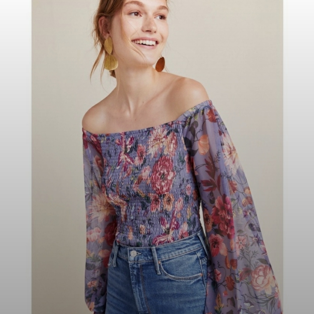 Anthropologie Floral Off-Shoulder Blouse - Purple and Pink small